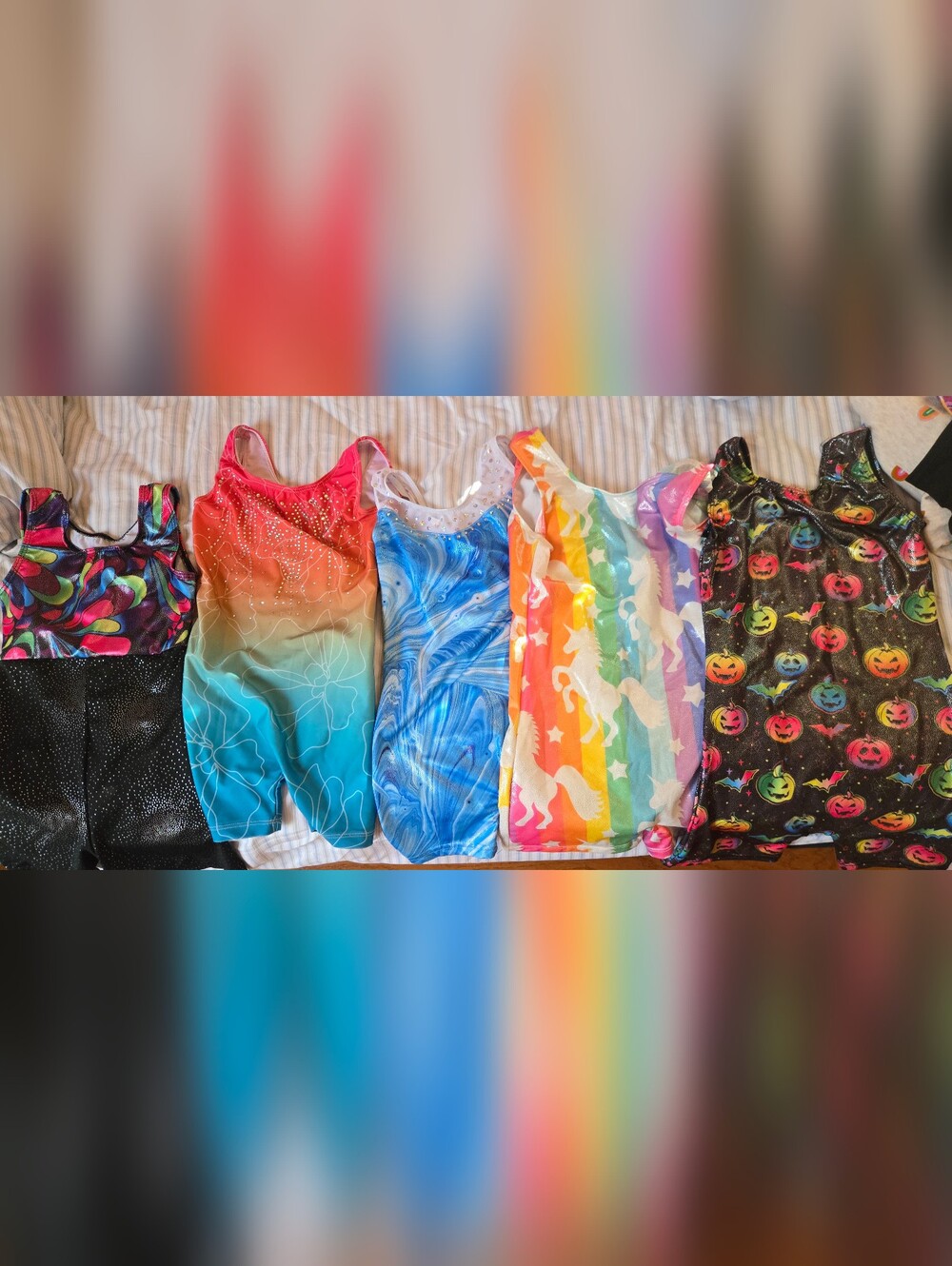 Colorful Girls' Leotard Lot - Rainbow, Blue, Unicorn & Halloween Prints